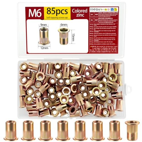 85 Pcs M6 Rivet Nuts, Flat Head Rivnut Kit, Threaded Insert Nutserts | Color Zinc Carbon Steel Threaded Rivnuts Assortment Kit for Metal Sheets, Electrical Appliances Industrial Products