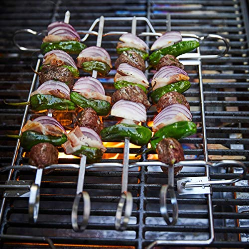 SANTOS Edelstahl Schaschlik Spieß-Set mit Gestell 42x32x5cm – 6 flache Spieße 36cm – kompakt zerlegbar ideal für Grill Feuerstelle & unterwegs