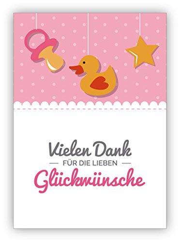 16x Süße, rosa Dankeskarte zur Geburt eine Babys mit Ente und Schnuller: Vielen Dank für die lieben Glückwünsche • schöne Grußkarte mit Umschlag um Danke zu sagen, hochwertig und schön