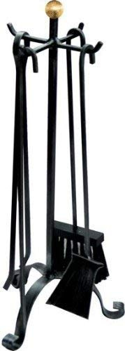 Set cheminée en fer forgé manche courbé hauteur 58 cm.