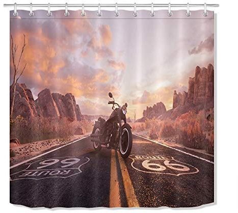 KEKESHIGEDOU Duschvorhänge Mountain Motorrad auf der Route 66 Road Bad Vorhang mit Haken, wasserdicht Anti Schimmel Polyester Stoff Badezimmer Dekor 180x180cm