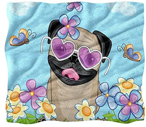 Fleece-Überwurfdecke, Welpe auf dem Feld, Blumen, Schmetterlinge, herzförmig, Wolken, offener Himmel, für Couch, Sofa oder Bett, gemütliche, weiche Decken