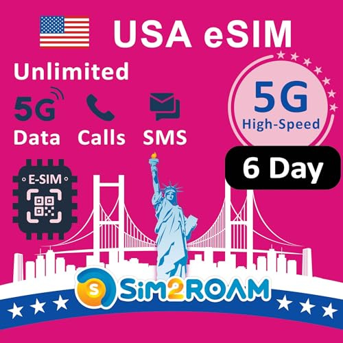 USA Prepaid eSIM-kort(Använd T-Mobile-nätverk)|Obegränsad 5G/4G Internetdata i USA(Hawaii ingår)+Låghastighetsdata i CA och Mexiko|Obegränsade samtal och sms mellan USA,CA och MX|Refillable(6dagar)