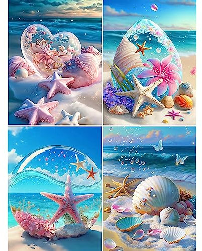 Diamond Painting Full Set, 4 Stück 5D Diamant Painting Bilder, DIY Diamant Malerei mit Diamond Painting Zubehör, Diamond Painting Set Erwachsene Kinder Seestern für Home Wohnzimmer Schlafzimmer