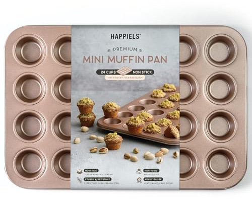 HAPPIELS Non Toxic Nonstick 24 Cup Mini Muffin Pan | PFOA BPA free Nontoxic Mini Cupcake Tin | Best Non Stick Muffin Pans | Carbon Steel Small Muffin tins | Cupcakes Bakeware Mold