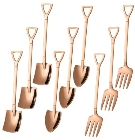 9pcs Stainless Steel Square Spade Spade Fork Pointed Shovel Said Dessert Cake Fork Spoon Fruits Rose Gold