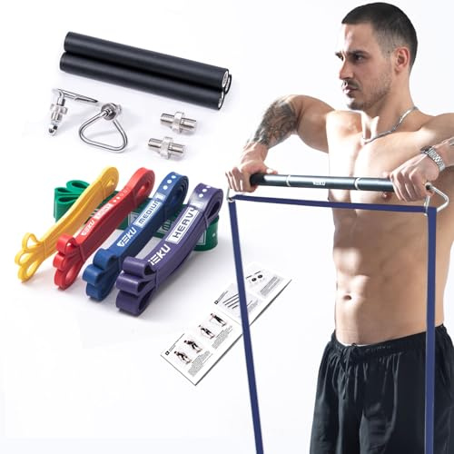 GEKU FIT Robuste Stahl-Trainingsstange für Widerstandsband-Training, Widerstandsband-Übungen, Heimtraining, maximale Traglast 362,9 kg (Stange + Widerstandsbänder-Set)
