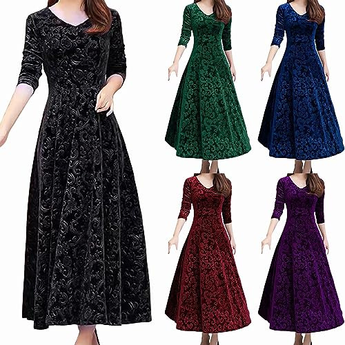 Samtkleid Damen Elegant Lang Samt Rot Cocktailkleid Abendkleider Bodycon Sexy Silvester Kleid Langarm Festliche Kleider für Hochzeit Partykleid V-Ausschnitt A Linie Winterkleid