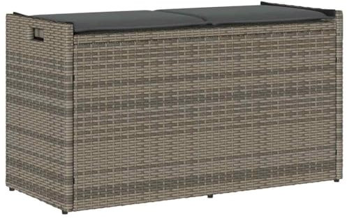 vidaXL Banco de almacenaje con cojín Gris 100 cm ratán sintético, Banco de Almacenamiento de jardín, Banco de Almacenamiento Exterior, Banco Exterior con Almacenamiento