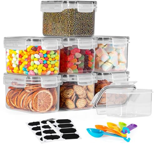 FoiiLiio 0.8L Contenitori Ermetici per Alimenti 8 Pezzi, Contenitori Plastica Cucina Organizer con Coperchio, Contenitore Alimentari per Dispensa, Credenza, Sicuro nel Microonde e Lavastoviglie
