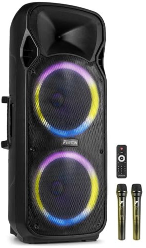 Fenton FT212LED MK2 Portable PA System with 2x12 Speakers, Bluetooth, Rechargeable Battery, LED Lights & Wireless Microphones - 1400W Power for Party, Karaoke, DJ & Live Events
