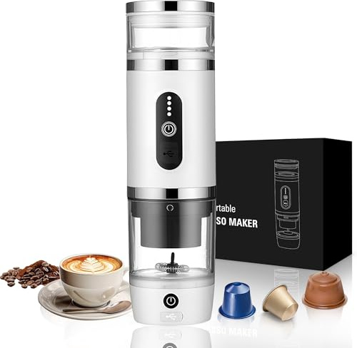 Umisu Machine à Café Portable 3 en 1 avec Mousseur à Lait, Machine à Expresso à Capsules 20 Bar et Café Moulu pour Bureau Voiture Camping Randonnée Voyage Noël Anniversaire, Blanche