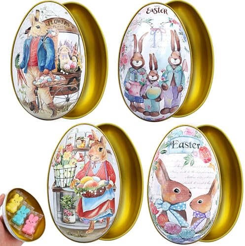 4X Osterei zum Befüllen, Ostereier Keksdose Metall, Eier zum Befüllen, Bunte Fülleier für Ostern, xxl Keksdose Ostern mit Oster-Motiven, Osterdeko Eier zum Befüllen, Bonbons Kekse Osterei Geschenkbox