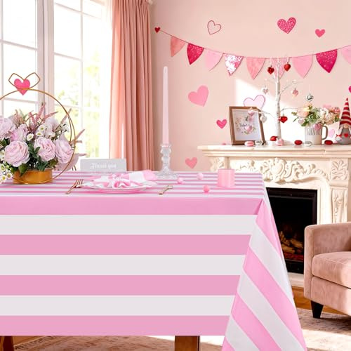 Rosa Weiß Gestreifte Tischdecke 140x210cm Rechteckige Tischdecke für Party | Gestreift Tischdecke Rechteckige Polyester Tischdecke für Karneval, Weihnachten, Geburtstag, Hochzeiten, Picknick Dekoration