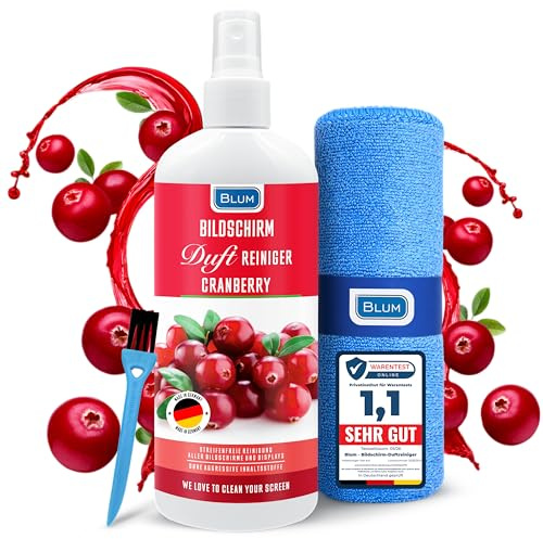 Blum nettoyant AU Parfum pour ecran Cranberry 100 ML + Chiffon Microfibre 30 x 30 cm – Screen Cleaner – Nettoyage et Nettoyeur TV, Television, Smartphone, Telephone, PC, Laptop, Tablet