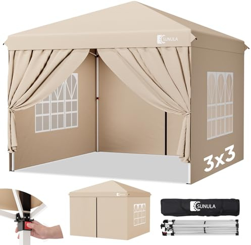 Sunula Pavillon 3x3 Wasserdicht Stabil Winterfest mit 4 Seitenwänden - 2026 Version, Faltpavillon 3x3m mit Verdickten Röhren, Partyzelt Gartenpavillon Faltzelt (Khaki)
