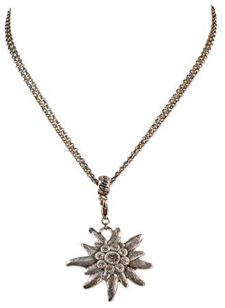 Trachtenkette mit Strass-Edelweiß groß - Damen Dirndlkette mit Kristallstein, Halskette für Trachtenbluse und Lederhose, Dirndl-Schmuck fürs Oktoberfest, Trachtenschmuck (antik-silber-farben)