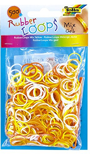 folia 331591 - Rubber Loops Mix, 500 Gummibänder, inklusive 25 stück - Clips und 1 Häkelnadel, gelb