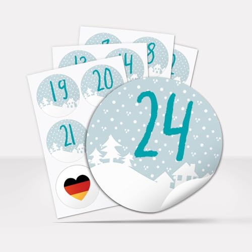 Adventskalender-Zahlen Aufkleber 1 bis 24 / Weihnachts Landschaft/Etiketten/Sticker/Weihnachtskalender/Advent/Rund/DIY/zum Aufkleben