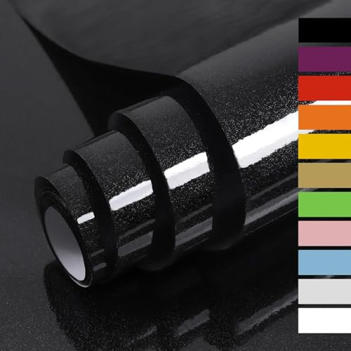 Hode Black Vinyl Wrap 40X300cm, Black Sticky Back Plastic Roll, Self Adhesive Wallpaper for Furniture Kitchen Cupboard Worktops Vinyl Covering Contact Paper Glitter Effect
