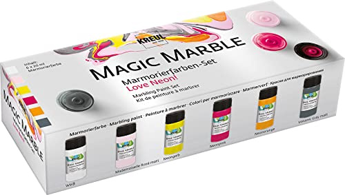 KREUL 73614 - Magic Marble Marmorierfarbe, Love Neon Set, 6 x 20 ml Farbe in weiß, neongelb, neonpink, neonorange, grau und rosé zum Tauchmarmorieren von Holz, Glas, Kunststoff, Papier und Styropor