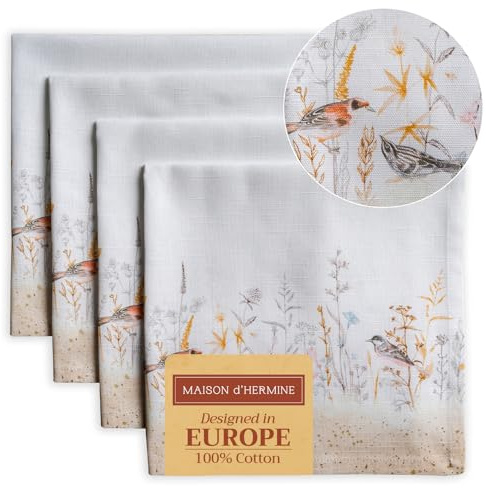Maison d'Hermine Stoffservietten 100% Baumwolle (45 cm x 45cm, 4er-Set) | Wiederverwendbar, quadratisch, waschbar, ideal für Dinnerpartys, Hochzeiten und Frühjahr Sommer - Meadow Florals - Beige