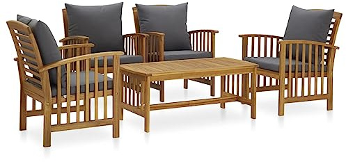 vidaXL Juego Muebles de Jardín y Cojines 5 Piezas Mobiliario Exterior Cocina Terraza Mesa Silla Asiento Suave con Respaldo Madera Maciza de Acacia