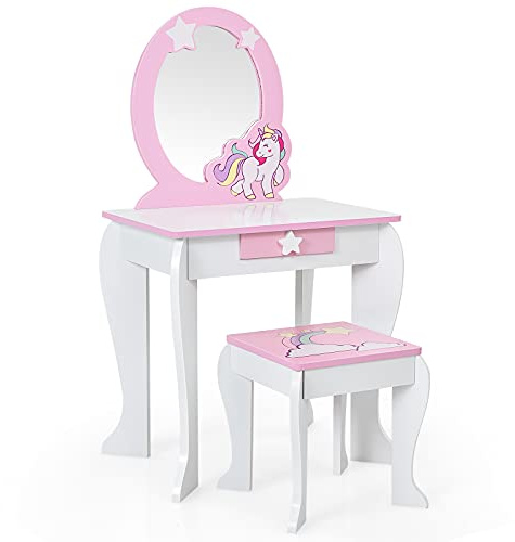 GIANTEX Set di Specchiera e Sgabello per Bambini, Tavolo da Trucco Giocattolo in Legno con Cassetto, Ideale Regalo per Ragazze di 3-7 Anni, con Portata di 15kg, 49x35,5x89cm (Bianco)