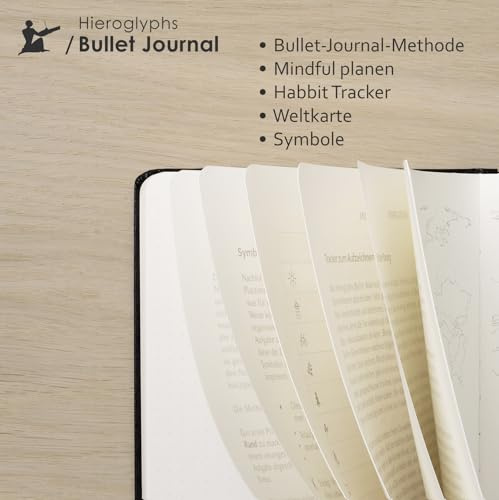 Bullet Journal – A5-anteckningsbok med punkter – med system – 189 numrerade sidor, vikbar innerficka, 3 bokmärken, gummiband för stängning – från Hieroglyphs, mörkblå (Midnight Blue)