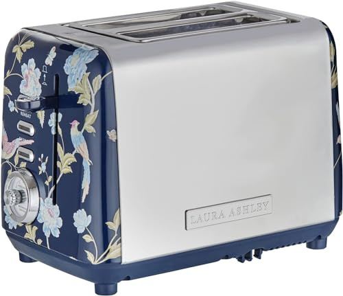 VQ Laura Ashley Grille-Pain 2-Tranches Vintage Inox Elveden Navy | Chauffage réglable, décongélation en acier inoxydable, grille-pain avec croissant, étagère chauffante