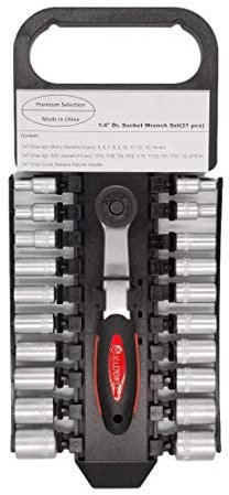 1/4-Inch Drive Metric & SAE 6-Point Standard Socket Wrench Set with Storage Rack, 5-14mm & 3/16”-9/16” (21-Piece)