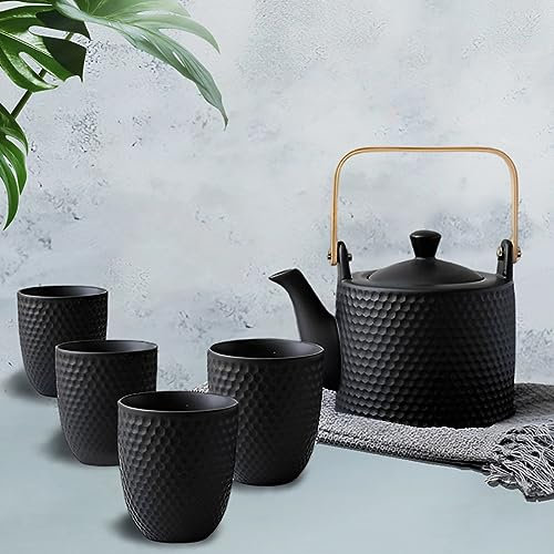 NIUKOMY Set da Tè in Porcellana Nero, Servizio da Tè Ceramica Giapponese con Infusore, Vintage Servizio da Tè con Manico in Legno 1Teiera 900ML e 4 Tazze