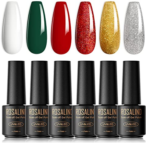 ROSALIND UV-nagellack, 6 färger Glitter Grön Guld Röd Vit Mini Gel Nail Polish Set Soak-Off UV Gel Nail Polish Lämplig för nybörjare Nail Art Salon DIY Home,Julklappar