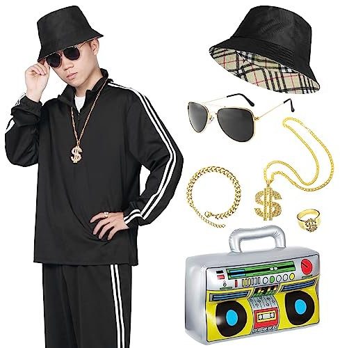 Alaiyaky 80er 90er Jahre Outfit Herren Damen, 8Pcs Schwarz Karneval Kostüm 80er Jahre Trainingsanzug, Neuer 90er 80er Jahre Outfit Retro Anzug für Bad Taste Party Paare Outfit (Schwarz, S)