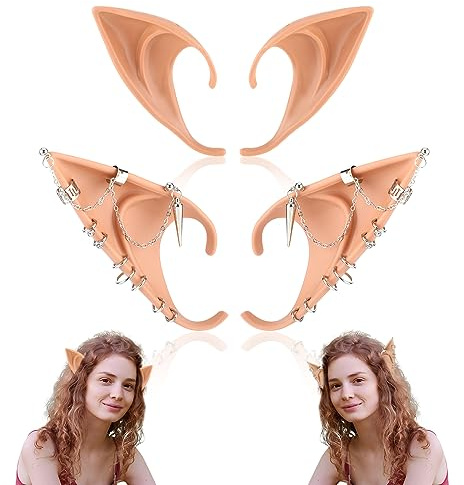 2 Paar Elfenohren Gummi Hobbit Spitz Ohren mit Ohrringen Ohrclips Feenohren für Männer und Frauen Halloween Weihnachten Anime Party Cosplay Kostüm Zubehör