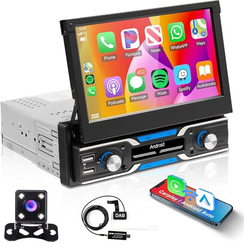 1G+32G Android Radio de Coche 1 Din con DAB/DAB+ Adaptador Navi GPS WiFi 7 Pulgadas Automática Retráctil Radio Coche con Mirror Link Bluetooth FM/RDS/USB/AUX/OBD/DVR Control del Volante Cámara Trasera
