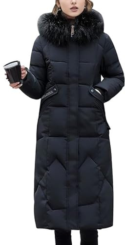 LAEMILIA Manteau Matelassé Femme Hiver Chaud Long Doudoune Cintrée Longue Parka Femme à Capuche avec Fourrure Fausse Manteau Grand Froid Blouson Hiver Elégant Chic Grande Taille L-4XL / 38-46