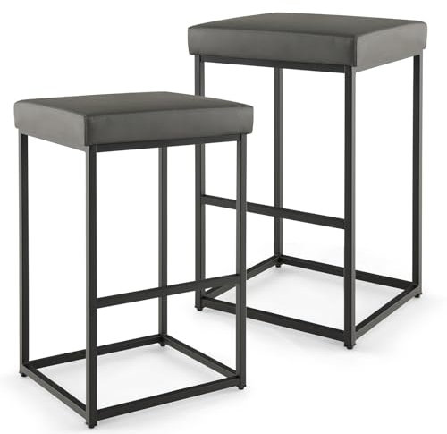 GiantexUK Bar Stools Set of 2, Upholstered PU Leather Kitchen Barstools with Footrest & Adjustable Foot Pads, Metal Frame Backless Breakfast Bar Chairs for Dining Living Room Lounge (Grey)