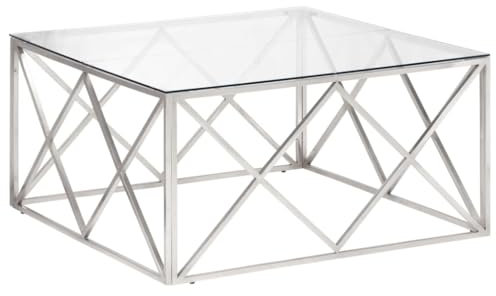 vidaXL Couchtisch, Beistelltisch mit Glasplatte, Sofatisch Tisch mit Edelstahlgestell, Pflegeleicht Kaffeetisch Teetisch, Silbern Edelstahl Hartglas
