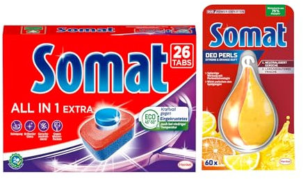 SOMAT Tabs 26 AW all in 1 Extra, Geschirrspül Tabs für strahlende Sauberkeit, bekämpfen selbst eingetrocknete Rückstände + Somat Duo Power Experten Deo Perls 60 AW Zitrone & Orange Duft 17g