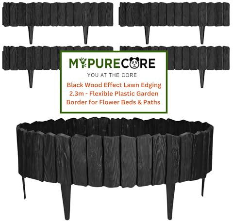 MYPURECORE Black Wood Effect Lawn Edging 2.3m - Flexible Plastic Garden Border for Flower Beds & Paths | Weather-Resistant & Recyclable Palisade | Easy Install Edging for Grass, Gravel & Landscape