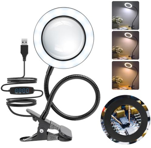 URAQT Magnifying Glass with Light 3X Magnifying Lamp,56 LEDs Magnifying Glasses for Hobbies,3 Color-10 Brightness LED Desk Lamp Magnifier,Dimmable USB Clip Lamp for Reading Magnifier Craft Work