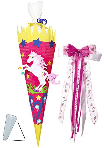 alles-meine.de GmbH BASTELSET Schultüte - Einhorn & Blumen - 85 cm - incl. großer Schleife - mit/ohne Kunststoff Spitze - Zuckertüte - Set zum selber Basteln - 6 eckig/pi..