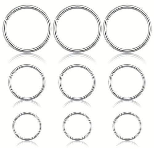 Visxcnu 9 Pcs 0.8mm Grosor 316L Acero Quirúrgico Bisagras Nariz Anillos Aro, Anillos de tabique Piercing Labio Hélice Cartílago Rook Pendientes, Diámetro 6mm a 10mm