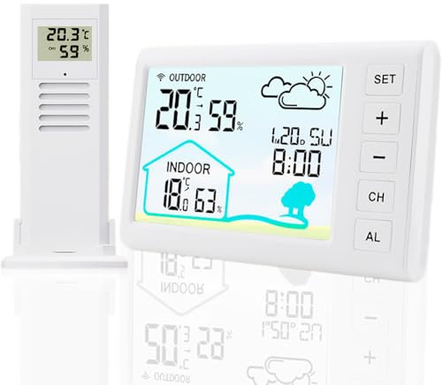 Stazione meteo radio con sensore esterno, stazione meteo radio, termometro digitale per interni ed esterni, termometro per ambiente, igrometro, previsioni meteo, visualizzazione dell'ora, sveglia