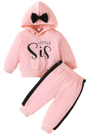 LUVCES Ensemble Bébé Fille Vetement Lettre Imprimée Teinture par Nouage Sweat à Capuche Tops+ Pantalon Tenue 2 Pièces Automne-hiver 2Pcs Little Sis rose 2-3 Ans