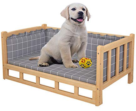 Erhöhtes Hundebett mit Treppe, Holzrahmen, Haustiersofa, Kinderbett und waschbare, weiche Matratze, für drinnen und draußen, Hundesofa, Zwinger für mittelgroße/große Hunde (ohne Treppe, XXL)
