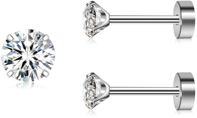 ZDE Titan Dam-platta örhängen för kvinnor Zirkonia örhängen 3mm/4mm/5mm platta baksida örhängen hypoallergen brosk Flatback örhängen smycken, 5mm, Titan, Kubisk zirkon