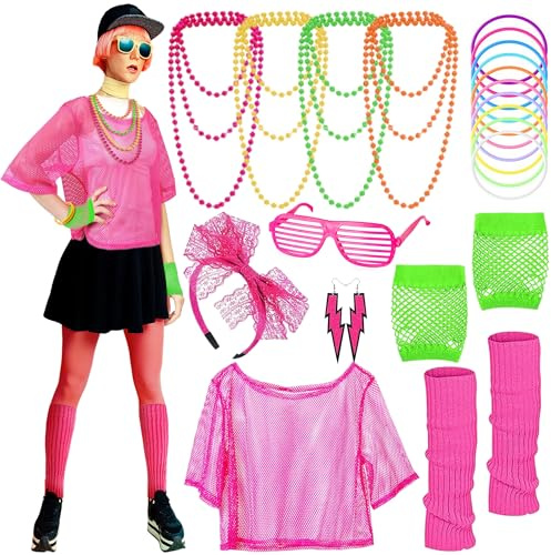 Edmirfun Accesorios Mujer de Ropa Años 80 Disfraz,Disfraz De Los Años 80 Accesorios,Collar,Pulsera,Pendientes,Calentadores de Pierna,Guantes de Rejilla,Disfraz Años 80 Mujer,Fiesta de Cosplay Retro