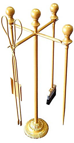 Lot de 5 outils dorés pour foyer – Support de cheminée/tisonnier/brosse/pelle/pince en fer forgé très résistant pour l'intérieur et l'extérieur